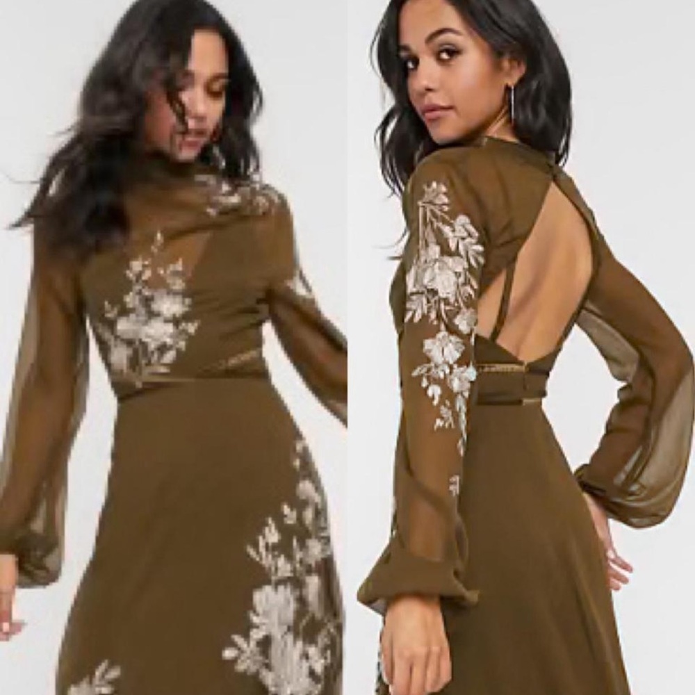 ASOS Olive Green Floral-Embroidered Long Sleeve Midi Dress - Picture 2 of 8